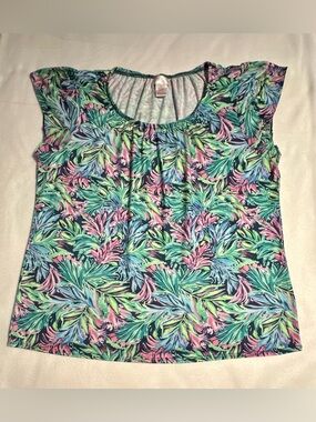 Tropical Leaf Scoop Neck Cap Sleeve Top - Green/Pink/Blue